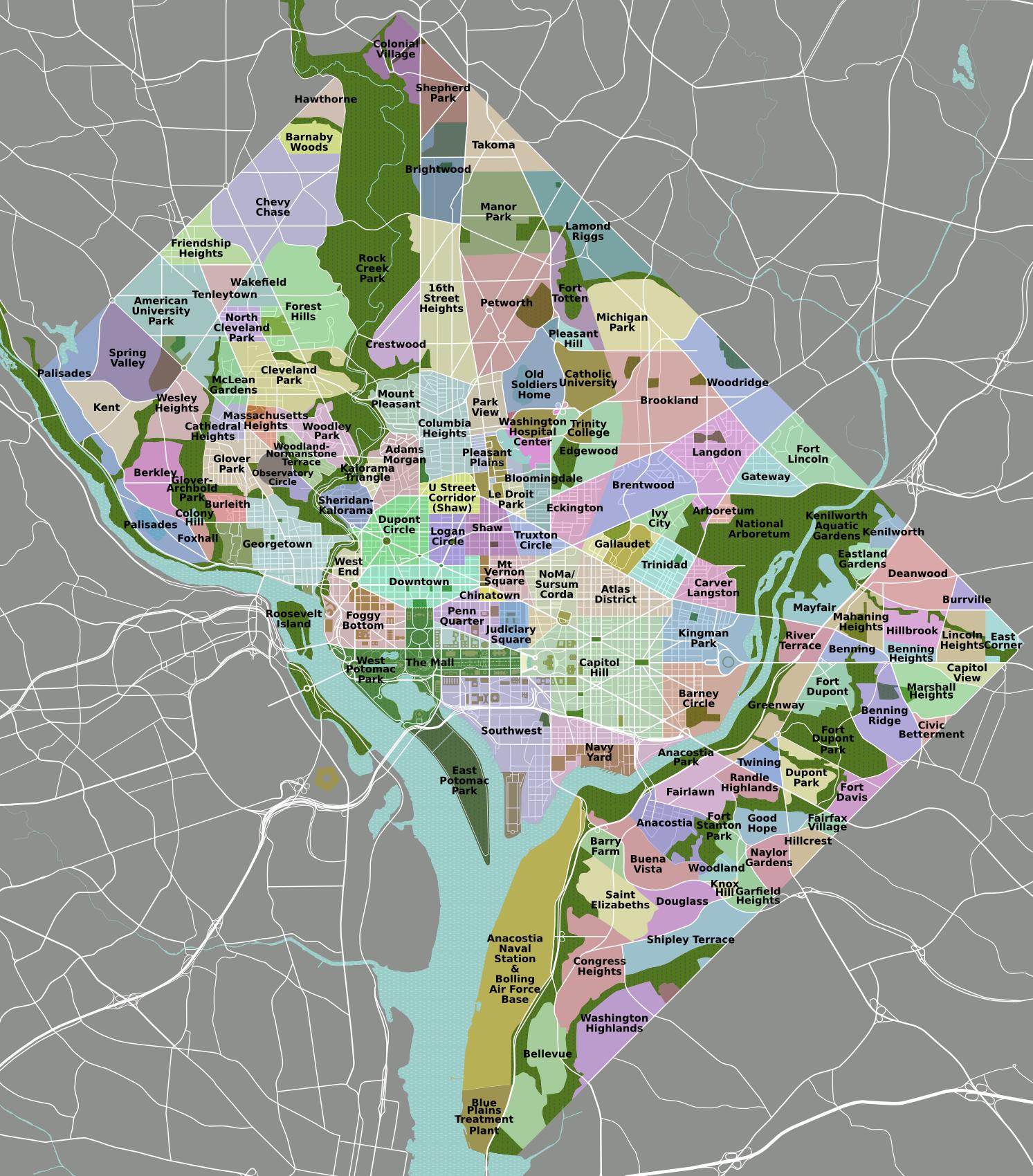 Map of Washington DC neighborhood: surrounding area and suburbs of ...